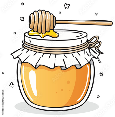 Honey jar with dipper and decorative cloth lid, surrounded by small butterflies, cartoon-like vector illustration