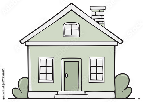 Illustration of a charming pastel green house with a chimney and a welcoming entrance