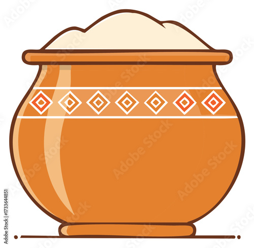 Cultural decorated clay pot full of delicious creamy white butter or ghee
