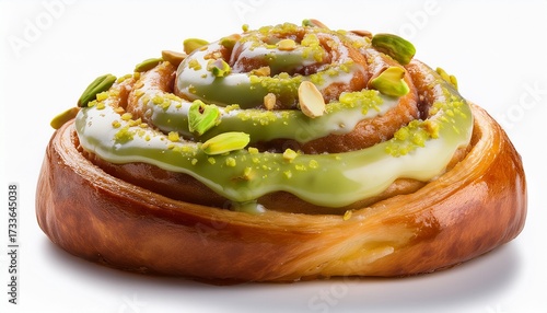 Cinnabon Pastry With Pistachio Glaze And Nut Sprinkles Isolated On Transparent Background