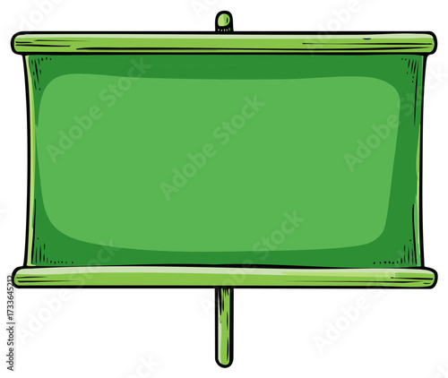 Hand drawn illustration of a blank green presentation screen on a wooden stand