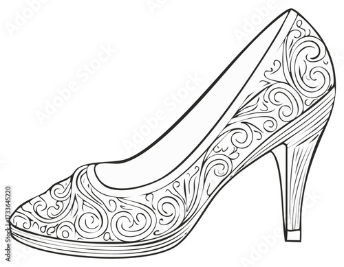 Elegant high-heeled pump shoe illustration, adorned with intricate swirling decorative patterns