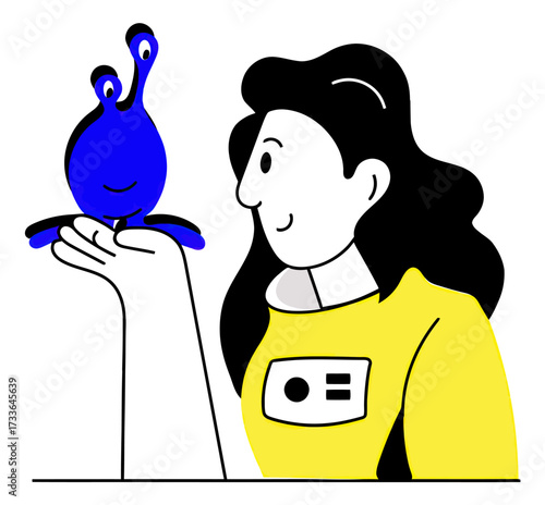 Whimsical blue alien character peeking over a bright yellow jacket with a black pocket, perfect for playful storytelling and creative projects.