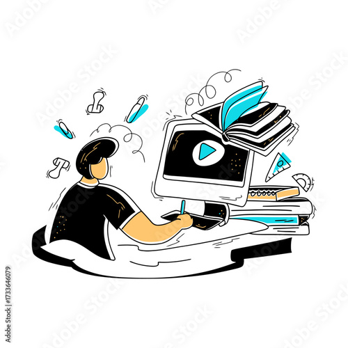 Creative designer crafting innovative ideas with digital tools amidst a vibrant explosion of concepts and inspiration for modern projects