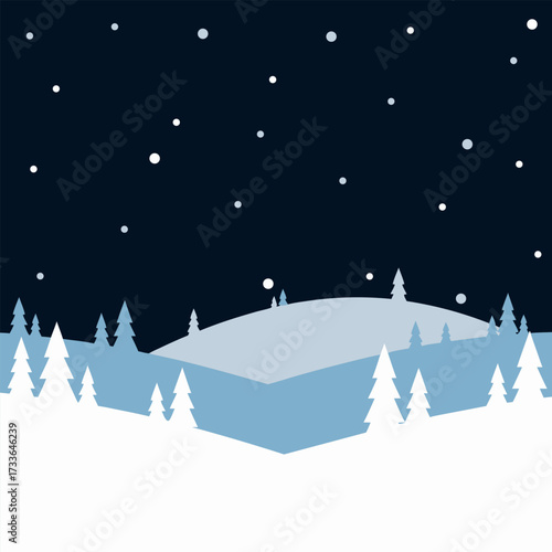 Minimalist winter night landscape with snow-covered hills and stylized evergreen trees, under a dark sky with falling snow, providing generous copy space for seasonal greetings or promotions