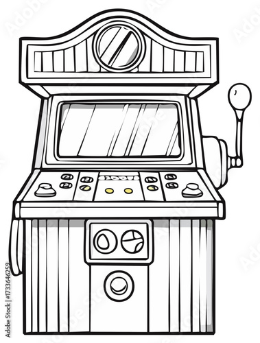 Stylized Cartoon Drawing of a Vintage Arcade Game Machine, Black and White Line Art