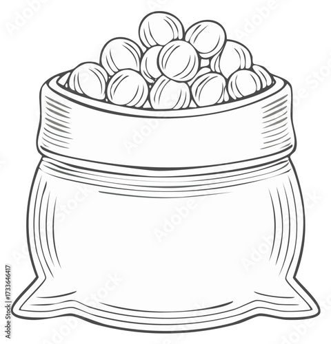 Hand drawn sketch of a burlap sack overflowing with round objects or peas