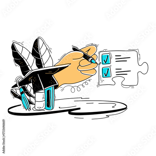 Achieve goals by marking tasks complete with a pen and checklist icons, symbolizing productivity and successful project completion for business success.