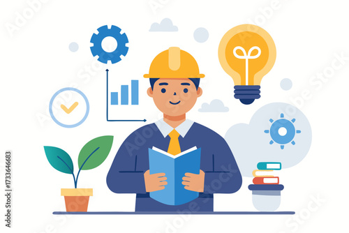 Engineer with Ideas and Knowledge Reading a Book with Growth Chart