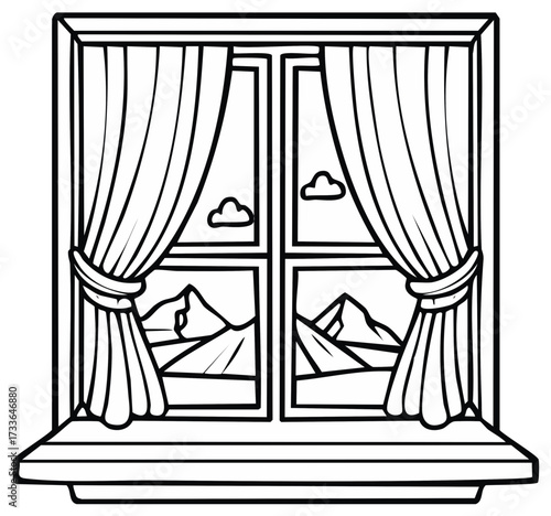 Window with open curtains and a scenic mountain view line art illustration