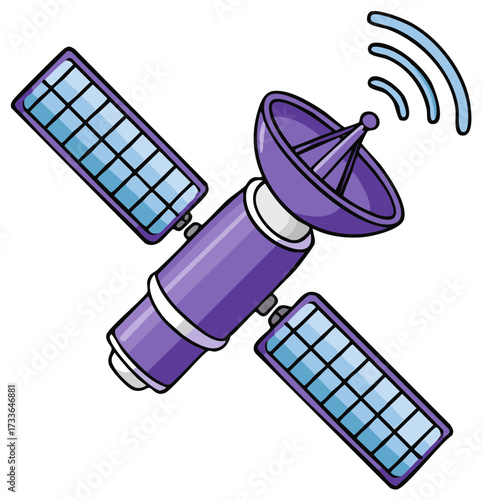 Cartoon purple satellite with solar panels transmitting signals into space