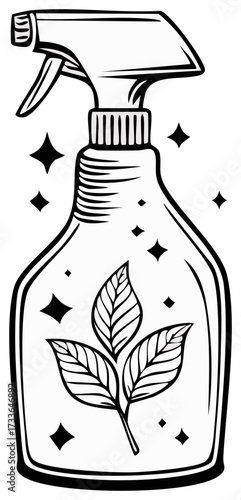 Eco friendly cleaning spray bottle with botanical leaves and sparkles black and white illustration