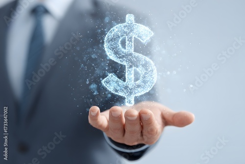 businessman holding a glowing dollar sign made of digital pixels, fintech transformation concept, 3d animation, isolated on a white background