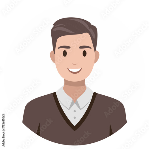 Smiling young man with short brown hair wearing a white collared shirt and brown v-neck sweater