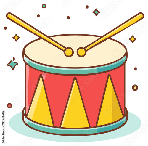 Vibrant Drum and Drumsticks Illustration, Musical Instrument Concept, Cartoon Vector