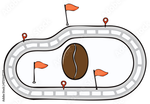 Coffee Bean Racecourse: Cartoon track with flags and location pins surrounding a large bean.
