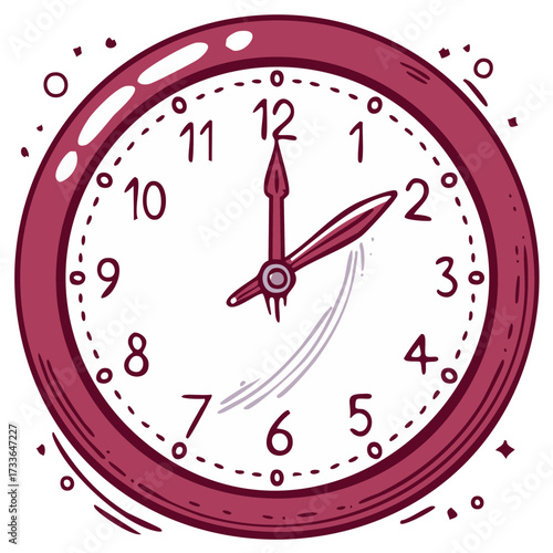 Circular analog clock with red bezel showing two oclock time with motion lines