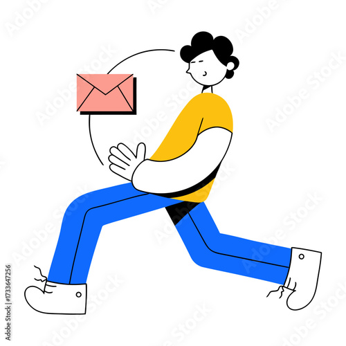 Dynamic person in motion delivering important correspondence, capturing the essence of swift communication and modern delivery services with a playful, energetic style.