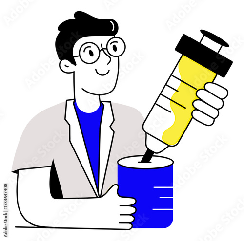Professional scientist conducting experiment with beaker and yellow test tube, symbolizing innovation and discovery in modern laboratory research