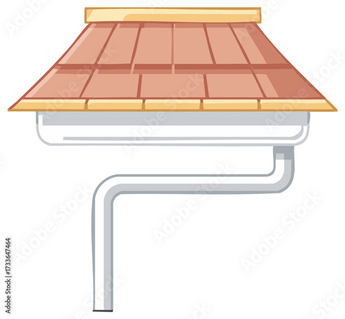 Illustration of a roof with brown tiles, a gutter, and a downspout. Architectural element.