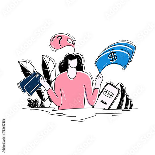 Confused person weighing financial decisions holding money and wallet with question mark thought bubble, seeking financial clarity and smart investment choices for future prosperity