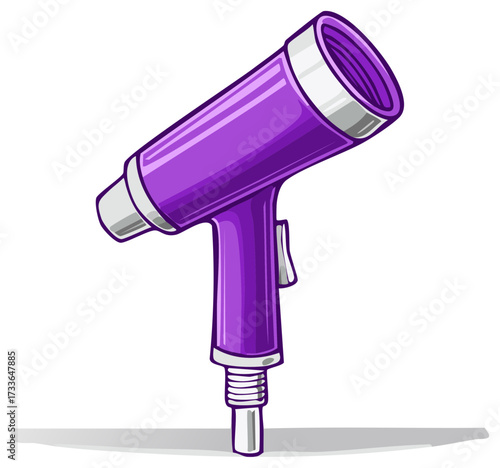 Cartoon illustration of a purple hair dryer with a gray handle