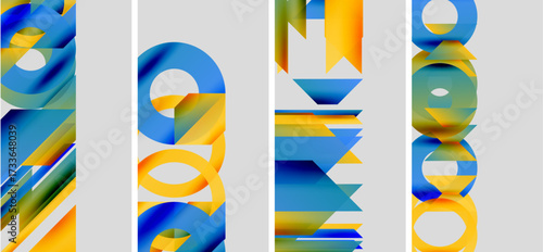 Abstract artwork features colorful geometric shapes, bold lines, vibrant hues. Composition uses blue, yellow, orange tones. Modern design.