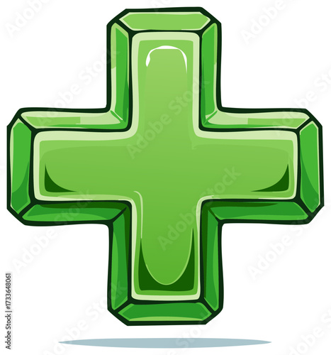 Illustration of a plus symbol with green filling, outlined with dark green, and a faint shadow. Symbol of addition.
