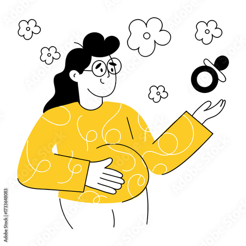 Vibrant abstract yellow figure with swirling black lines and a hand embracing the body conveying comfort and self care in a modern artistic style