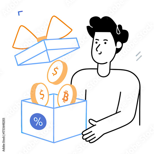 Surprise gift box overflows with shining dollar and bitcoin coins, symbolizing financial opportunity and digital wealth,