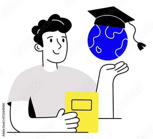 Person holding a yellow book with a blue globe floating above, symbolizing knowledge, education, and global understanding for a bright future