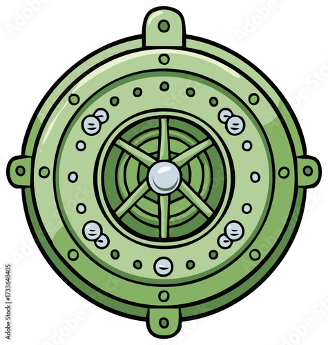 Round Cartoon Vault Door Green with Metal Studs, Vault Illustration Vector Drawing Safe Door with a Wheel Mechanism, Fortress Entrance