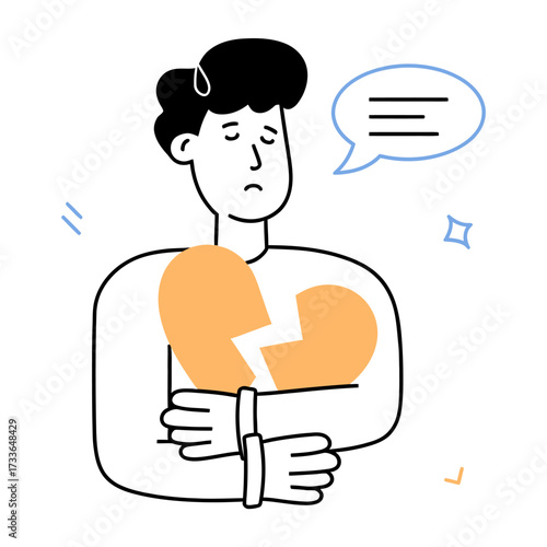 Heartbreak and sadness expressed through a broken heart symbol with a thought bubble in a stylized, emotional graphic, perfect for conveying emotional distress and relationship issues.