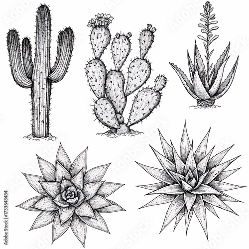 Detailed black and white illustration of five different desert succulent plants including a saguaro, prickly pear, aloe, and two rosette succulents.