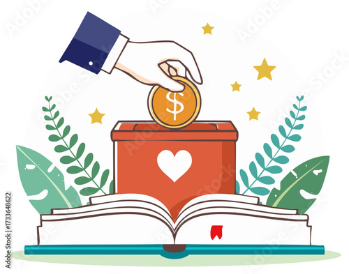 Hand dropping dollar coin into red charity donation box with heart symbol on open book amidst stars