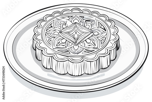 Line art of a decorative mooncake on a serving plate