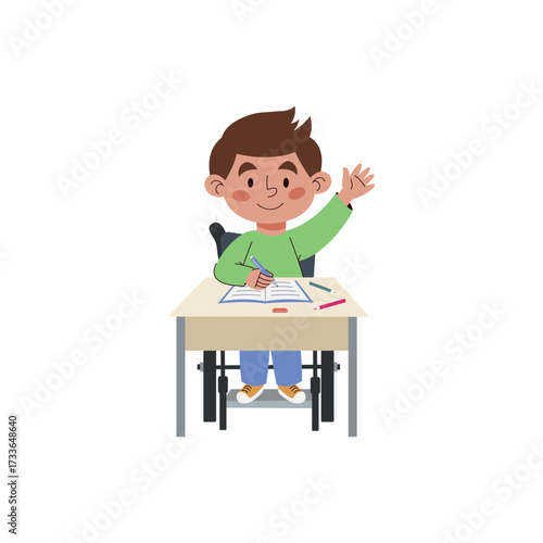 Smiling child in wheelchair learning at school desk, writing in notebook and raising hand. Concept of inclusive education, diversity and childhood development. Isolated on white background