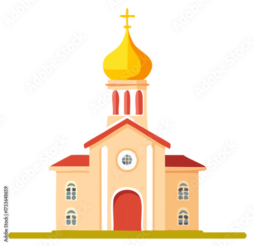 Stylized Orthodox Church with Golden Dome and Red Accents on a Ground Line