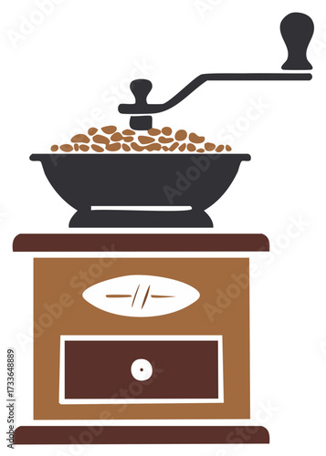 Old-fashioned Coffee Grinder Illustration with Beans, Black Bowl, and Wooden Case Design Graphic