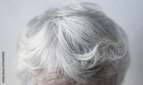 the head of an elderly woman with natural gray hair