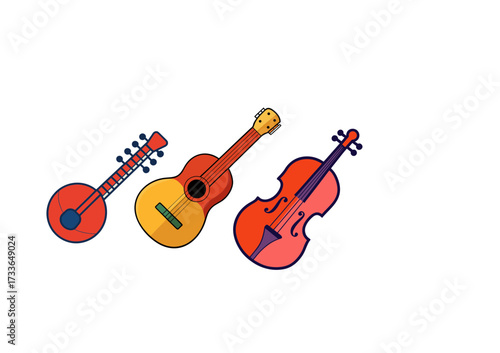 Colorful string instruments banjo guitar and violin on black background