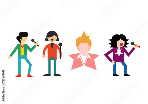 Diverse group of cartoon singers performing with microphones on a black background