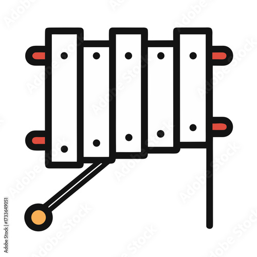 Simple colorful xylophone icon with mallet on black background