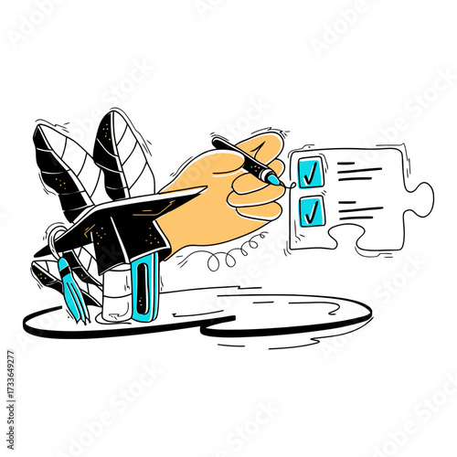 Achieve goals by marking tasks complete with a pen and checklist icons, symbolizing productivity and successful project completion for business success.