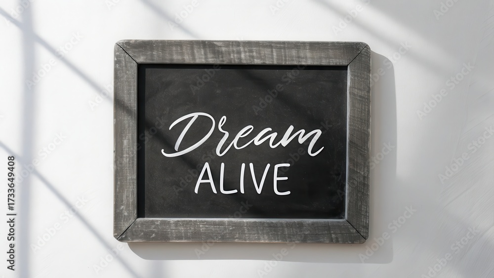 Fototapeta premium Chalkboard with Dream Alive message against a gray framed wooden wall