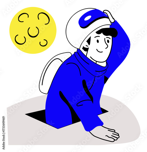 Mysterious figure emerges from abstract portal under a whimsical, smiling moon, evoking curiosity and wonder for creative projects