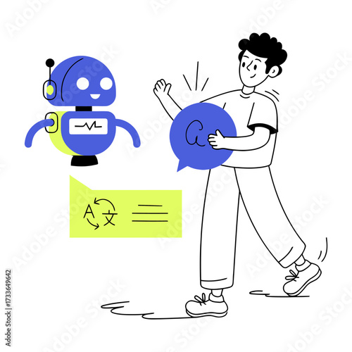 Friendly robot assistant communicates via speech bubble and translation icon, offering modern communication solutions and intelligent assistance for global connection