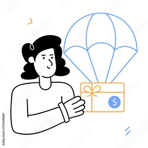 Surprise delivery of cash gift descends by parachute, symbolizing unexpected financial windfall, bonus, or winning opportunity for exciting rewards