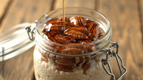 Delicious Overnight Oats with Crunchy Pecans and Golden Honey Pouring - Healthy Homemade Breakfast or Sweet Dessert in a Jar Nutritious Meal Idea
