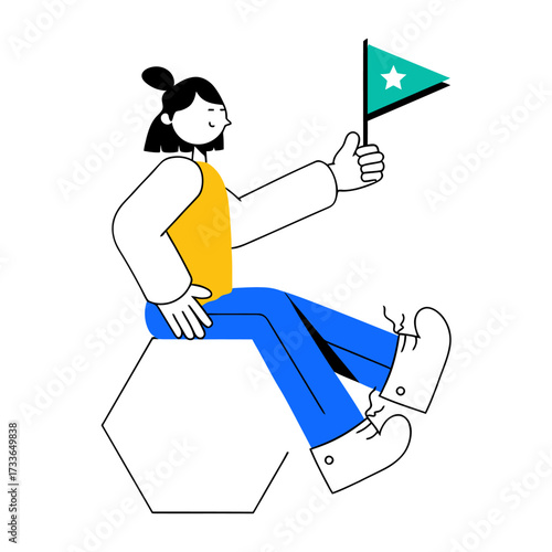 Dynamic abstract figure in yellow and blue, reaching for a teal triangle with a star emblem, symbolizing ambition and creative pursuit.